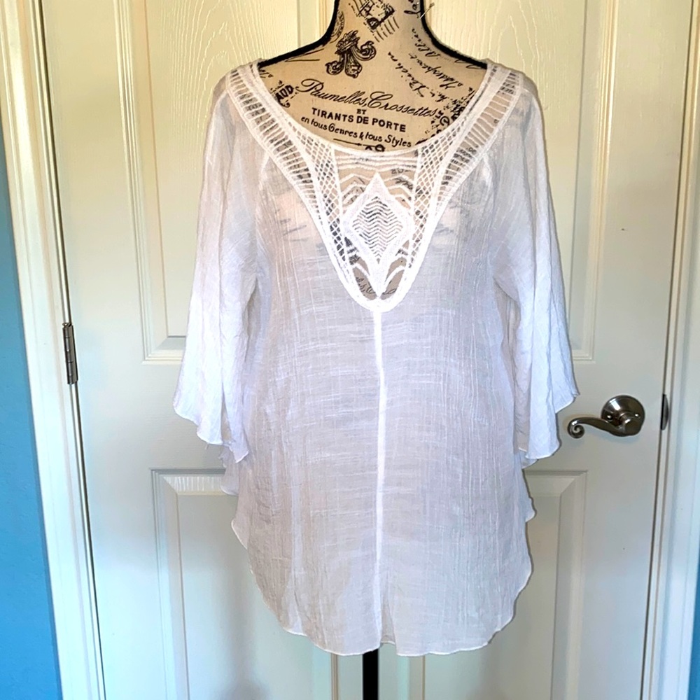 Adorable Boho gauzy white blouse with bell sleeves. Soft flowy fabric.